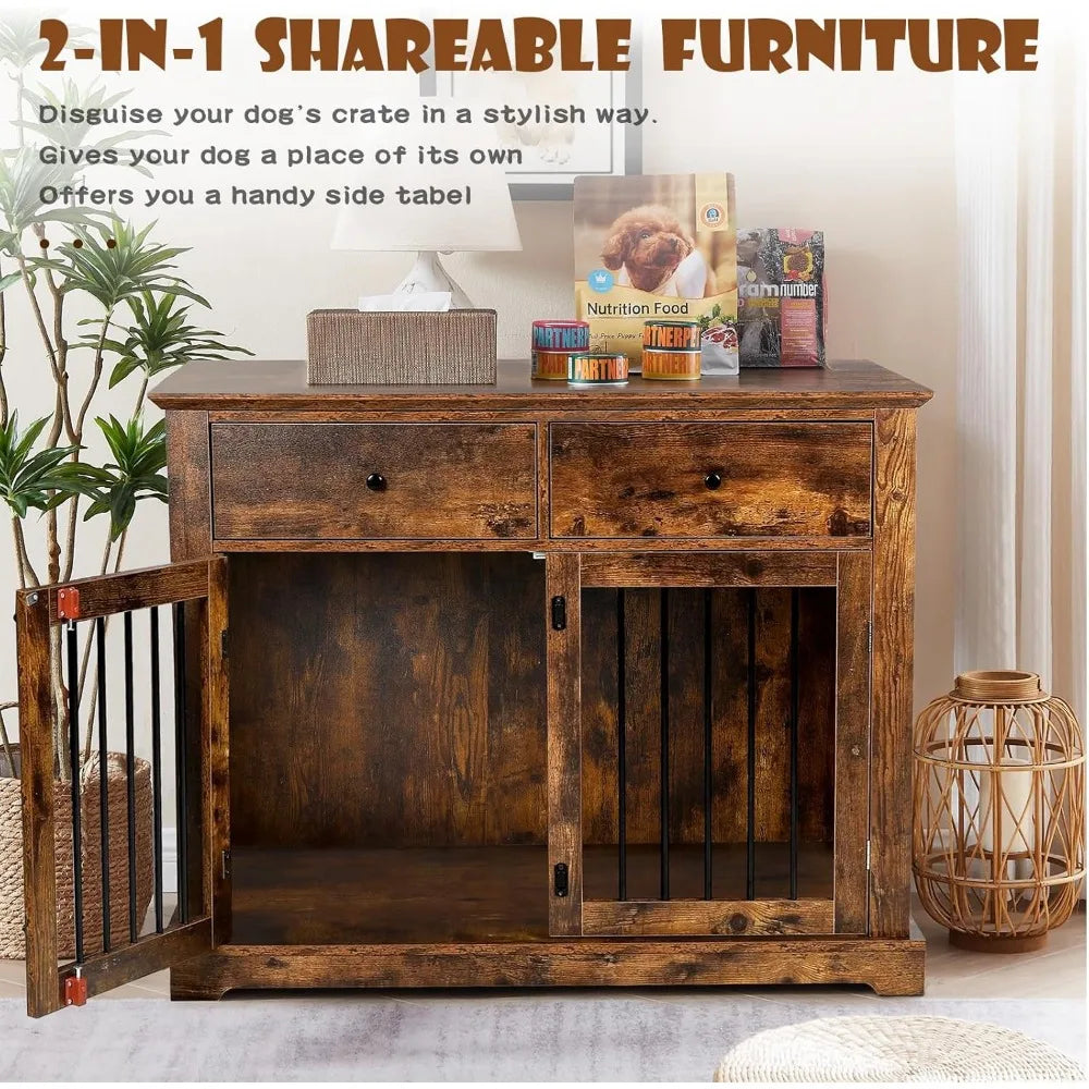 Wooden Dog Crate Furniture with Storage Drawers