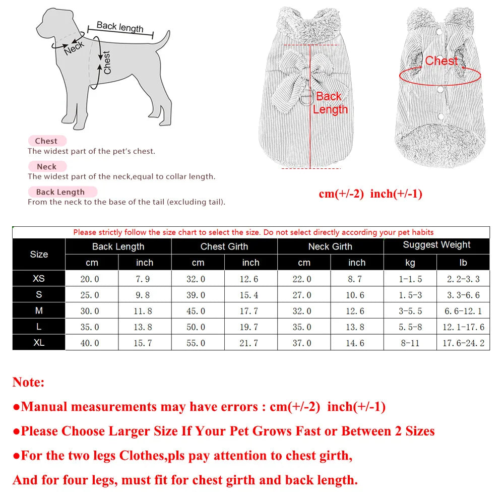 Winter Corduroy Dog Coat with Bow & D-Ring