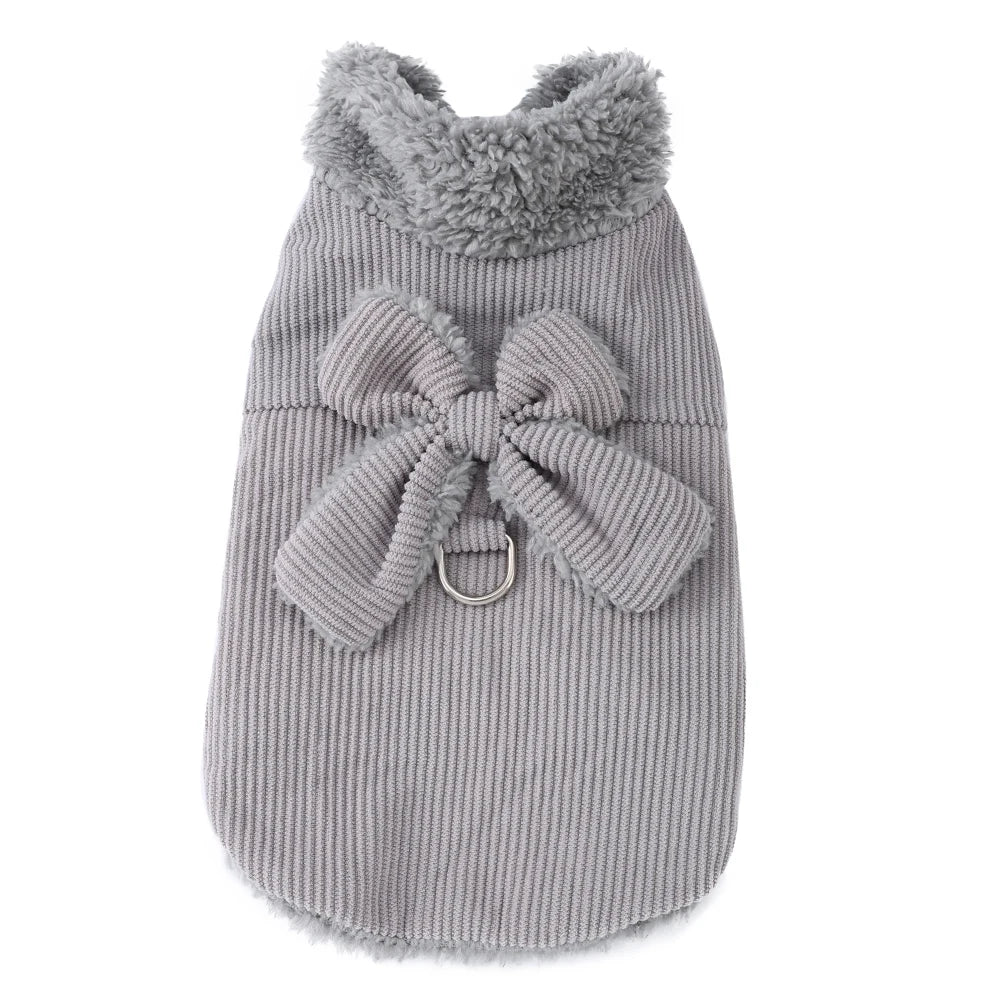 Winter Corduroy Dog Coat with Bow & D-Ring