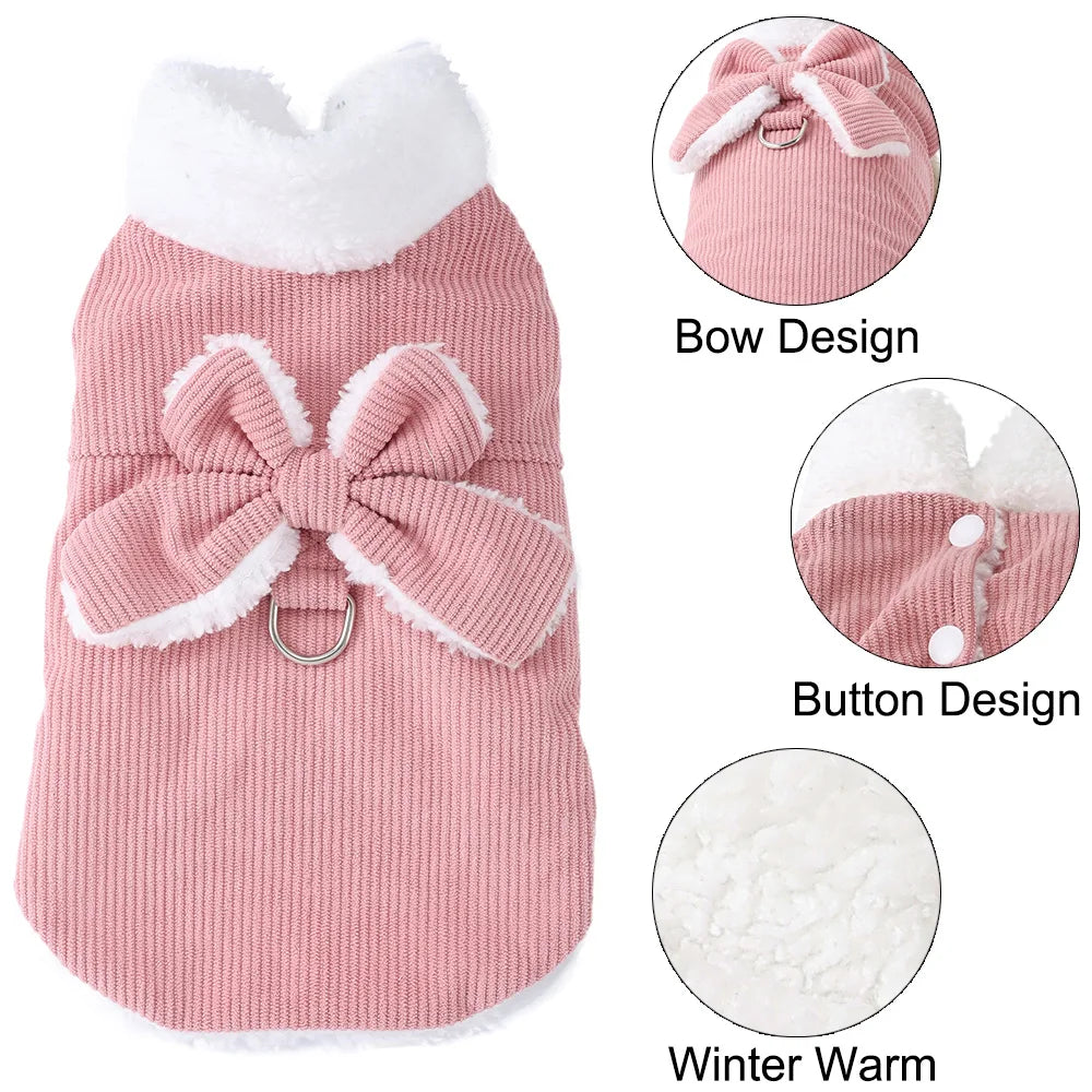Winter Corduroy Dog Coat with Bow & D-Ring