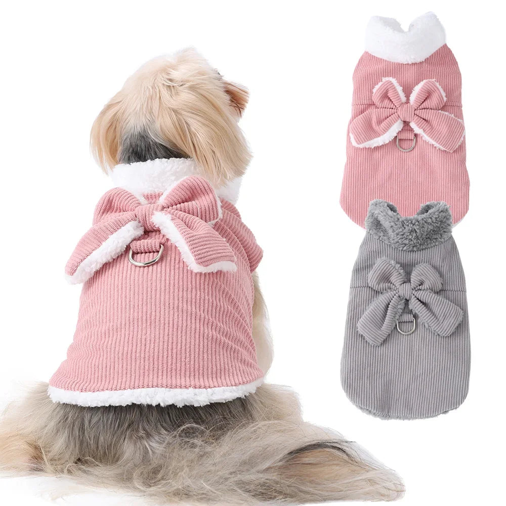 Winter Corduroy Dog Coat with Bow & D-Ring