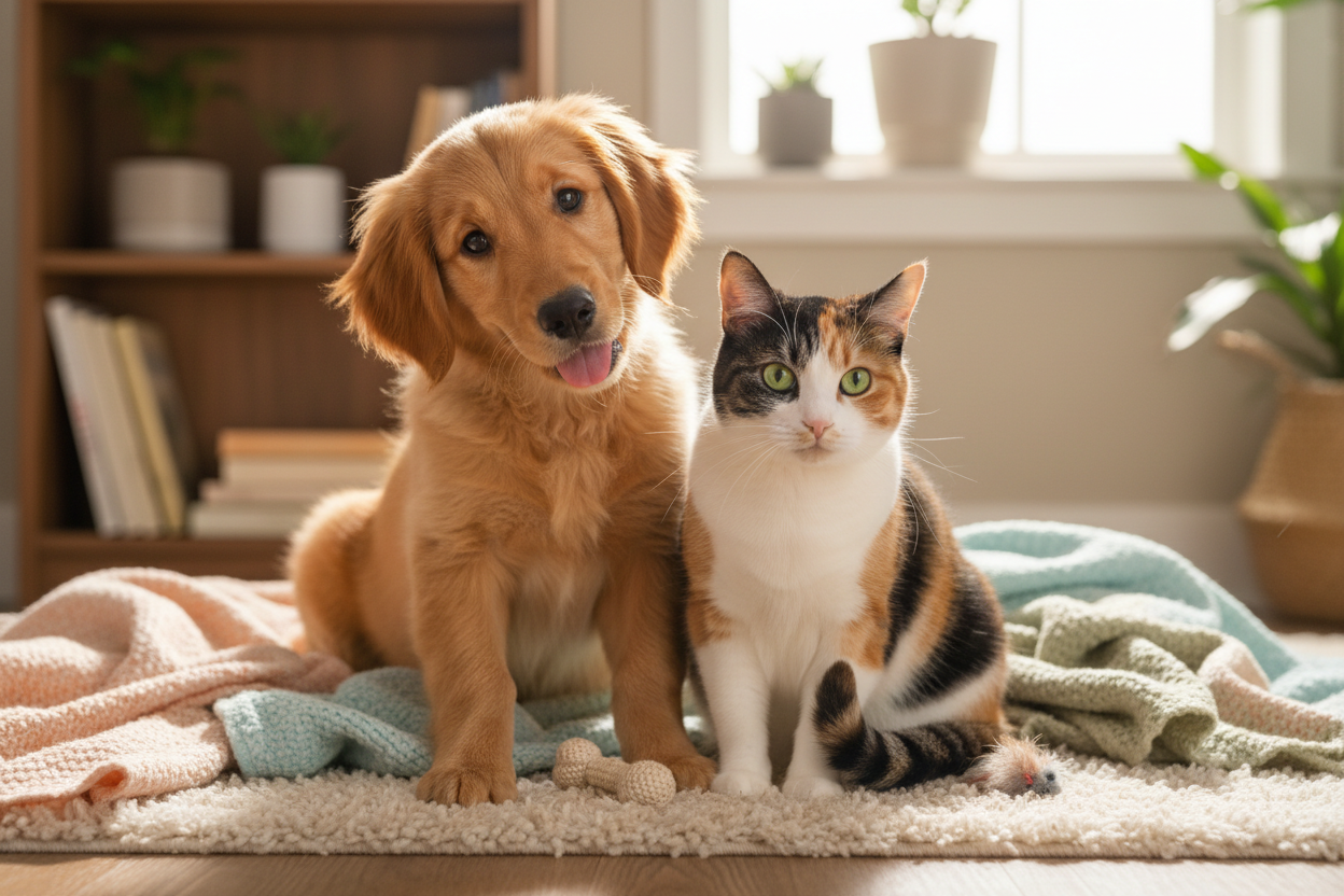 faz-me uma imagem de animais querios, cao e gato